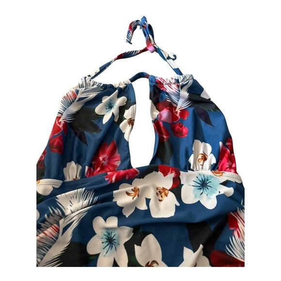 Halter Blue Floral One Piece Swimsuit Tummy Control Size XL - Picture 2 of 4